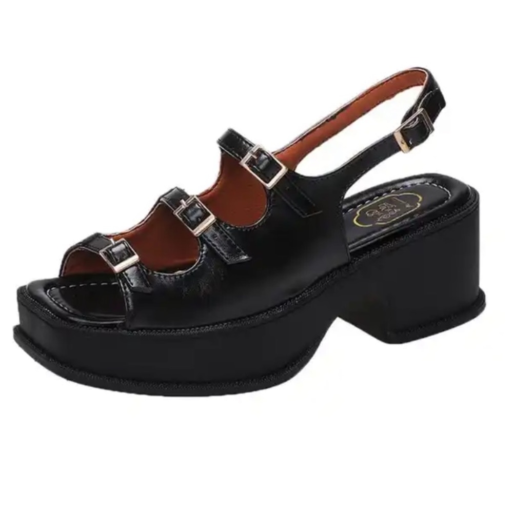 NEW Size 7.5 black chunky platform sandals faux leather strappy buckle heel
